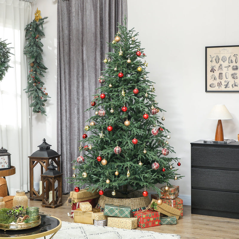 7ft full spruce Christmas tree decorated with red and gold baubles in a living room