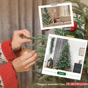 7ft Christmas tree assembly step showing hands shaping a branch with before and after photos