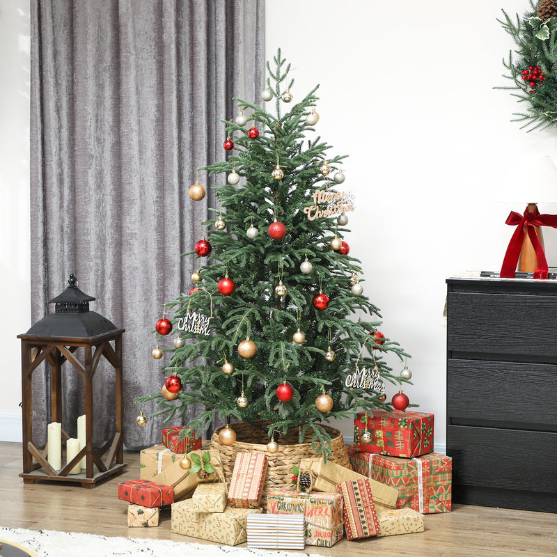 5ft full spruce Christmas tree decorated with red and gold baubles in a living room