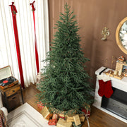 7ft full spruce Christmas tree in a room corner beside a fireplace with stockings