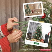 5ft Christmas tree assembly step showing hands shaping a branch with before and after photos