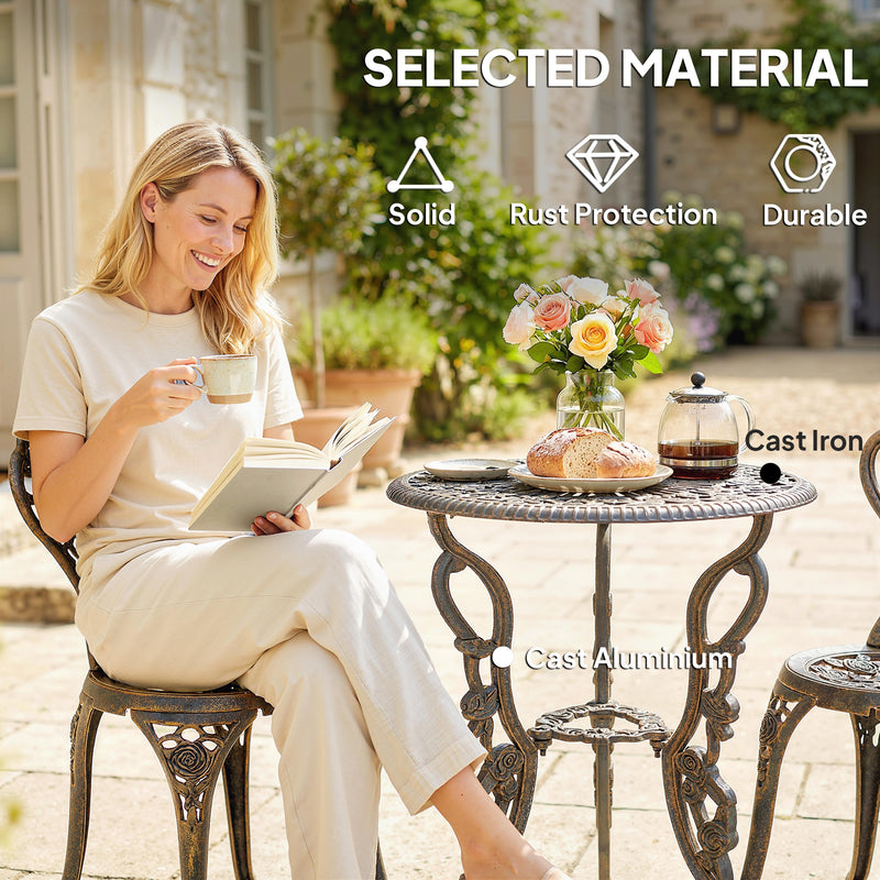 Metal Bistro Set for 2 with Umbrella Hole Ideal for Garden or Patio, Bronze Tone Outsunny