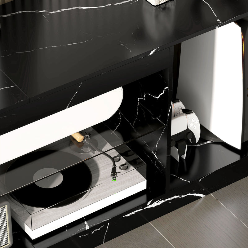 TV Stand Cabinet for up to 55 Inch TVs with Storage and Glass Shelf for Living Room, Black