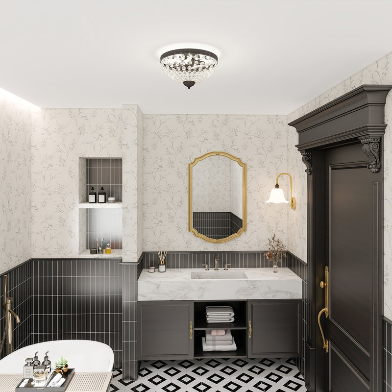 2 Light Flush Mount Crystal Chandelier with 168 Beads Ideal for Lounge or Bedroom, Black