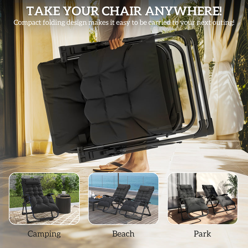 2 Piece Zero Gravity Reclining Sun Loungers With Cushions For Garden Relaxation Black AOSOM