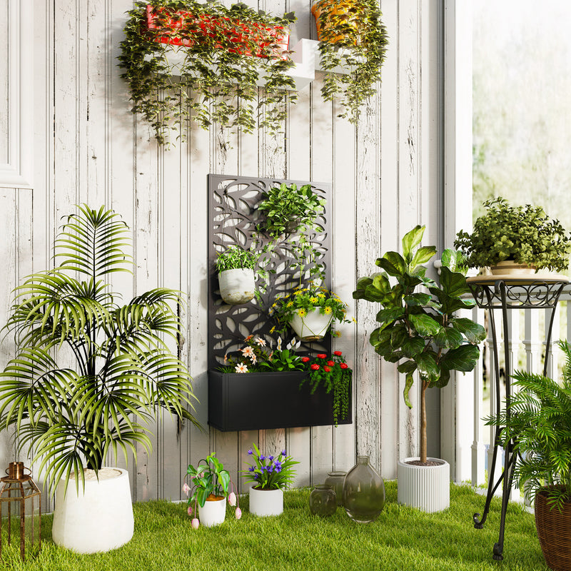 Metal Planter with Leaf Trellis Privacy Panel for Garden or Patio Black Outsunny