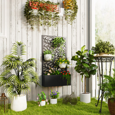 Metal Planter with Leaf Trellis Privacy Panel for Garden or Patio Black Outsunny