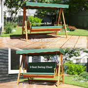 Wooden 3 Seater Garden Swing Chair Convertible Hammock Bench Lounger Dark Green Cushions by Outsunny