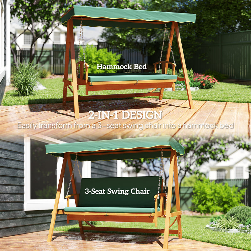Wooden 3 Seater Garden Swing Chair Convertible Hammock Bench Lounger Dark Green Cushions by Outsunny