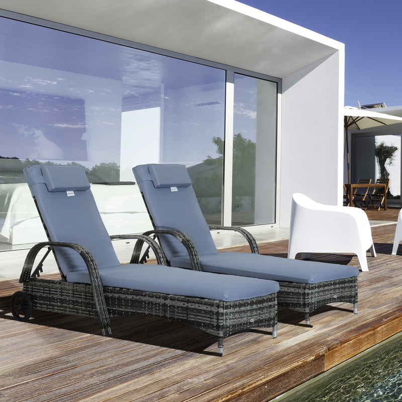 2 Piece Rattan Sun Lounger Set With Adjustable Reclining Backrest For Garden Relaxation, Grey