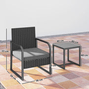 Rattan Garden Bistro Set for Two with Cushions and Glass Table for Small Spaces Black AOSOM