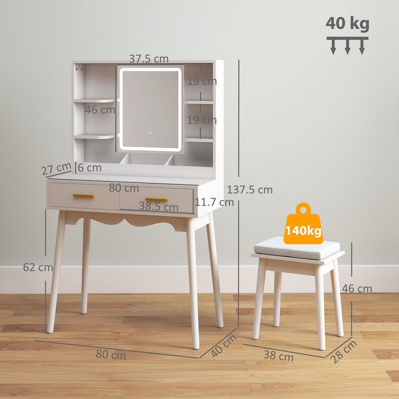 Dressing Table with LED Mirror and Storage Drawer for Bedroom Makeup Setup White