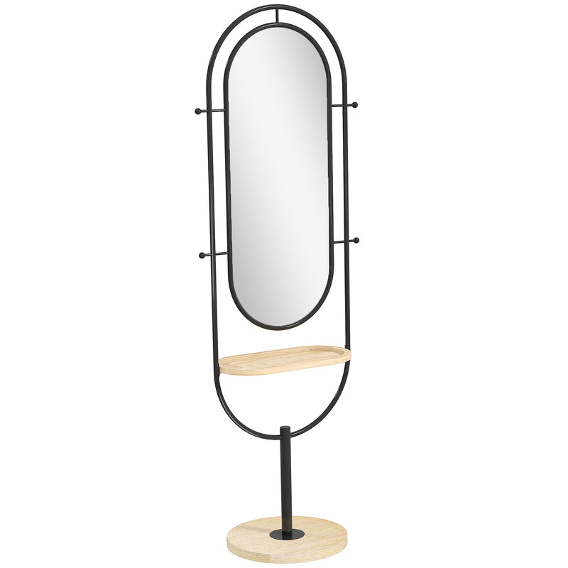 Full Length Oval Mirror with Wooden Storage Tray and 4 Coat Hooks for Hallway, Black