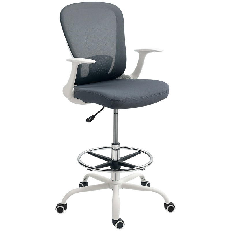 Grey Ergonomic Mesh Drafting Chair with Flip-up Armrests and Adjustable Foot Ring by HOMCOM
