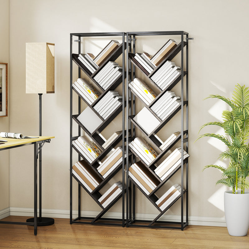 Modern Bookcase For Home Office Organisation - 10 Tiers - Black Metal Frame With Angled Grey Shelves Homcom