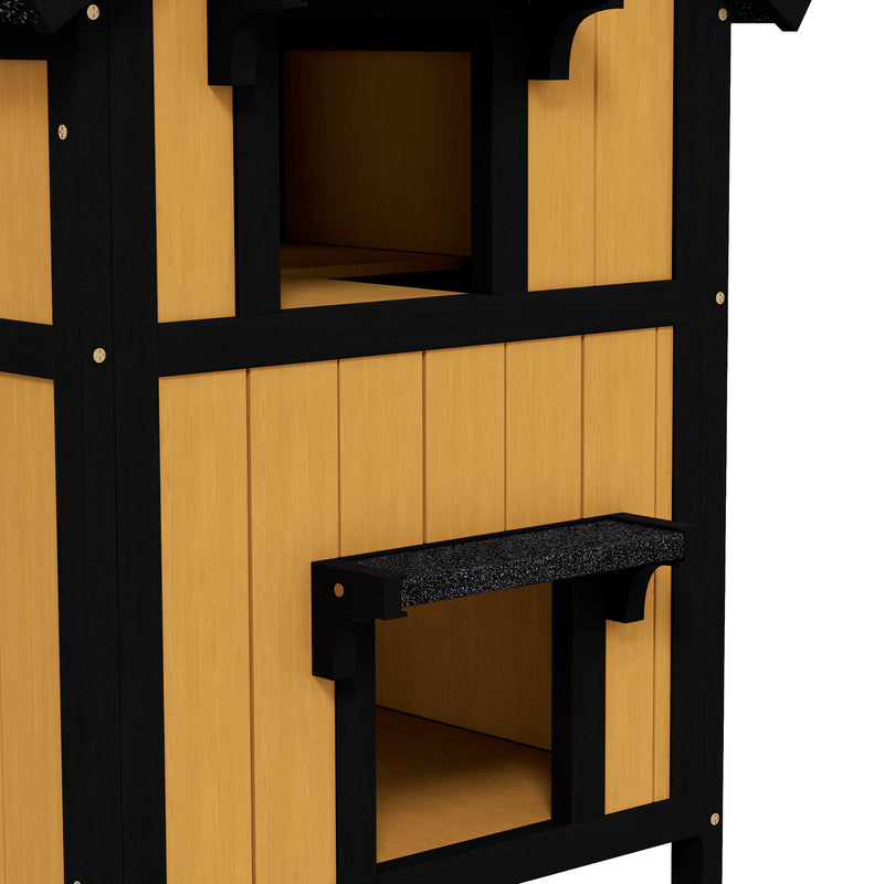 Yellow Wooden Outdoor Cat House with Plant Holder Multiple Entrances and Roof by Pawhut