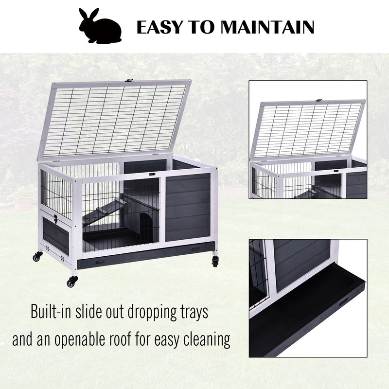 Indoor Wooden Rabbit Hutch with Lift Top for Guinea Pigs and Small Pets, Grey and White