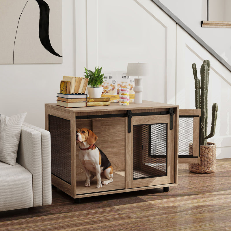 Dog Crate Furniture with Sliding Door for Medium Dogs Walnut Brown 80cm by PawHut