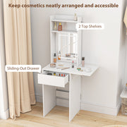 Compact Vanity Desk with LED Mirror Drop Leaf and Storage Shelves for Bedroom, White