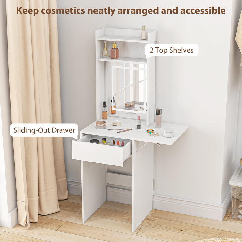 Compact Vanity Desk with LED Mirror Drop Leaf and Storage Shelves for Bedroom, White
