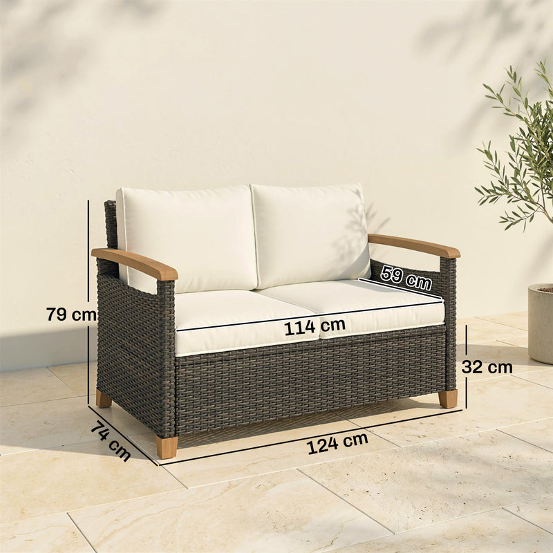 2 Seater Rattan Garden Sofa with Deep Cushions and Acacia Armrests for Comfortable Outdoor Relaxing Brown Cream White Outsunny