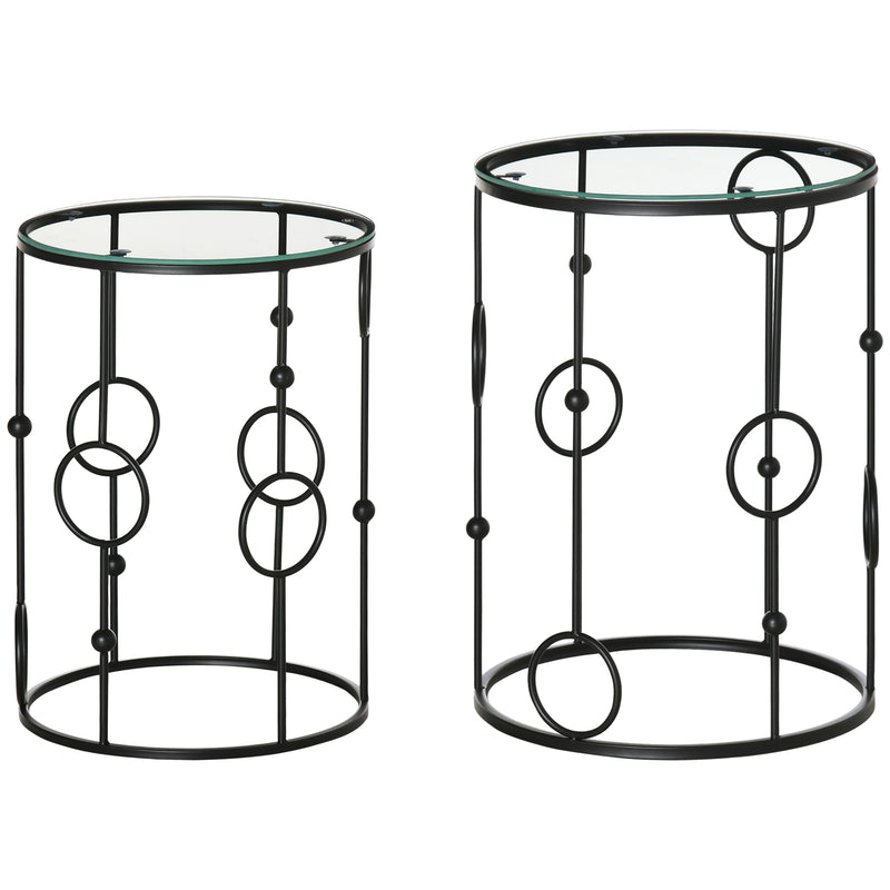 Nesting Side Tables Set of 2 Space Saving Coffee Tables with Glass Tops Black