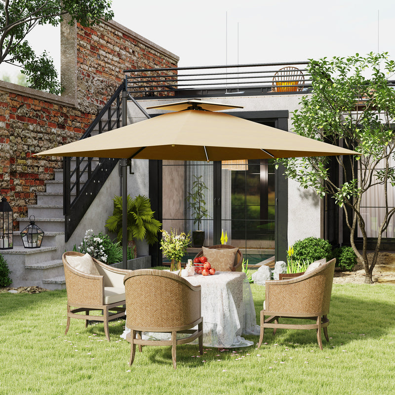2.5m Cantilever Parasol with Solar LED Lights 360Â° Rotation and Crank Handle Khaki by Outsunny