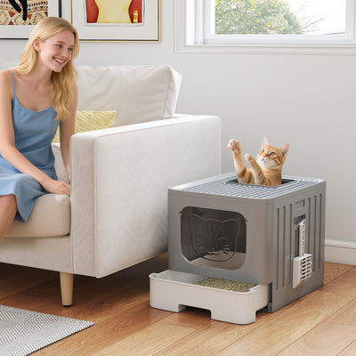 Foldable Cat Litter Box with Lid Drawer and Scoop for Easy Cleaning and Odour Control Grey AOSOM