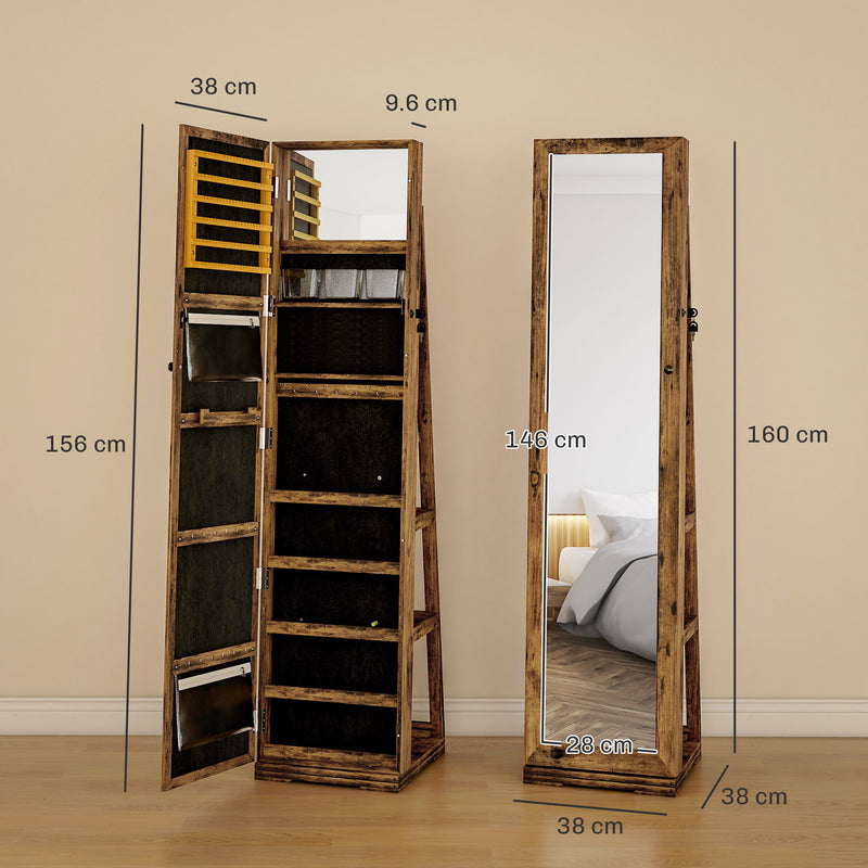 Lockable Rustic Brown Jewellery Cabinet With 360Â° Swivel and Full Length Mirror by HOMCOM