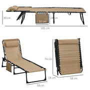 Beige Folding Sun Lounger Set of 2 with Adjustable Backrest and Pillow for Garden or Beach