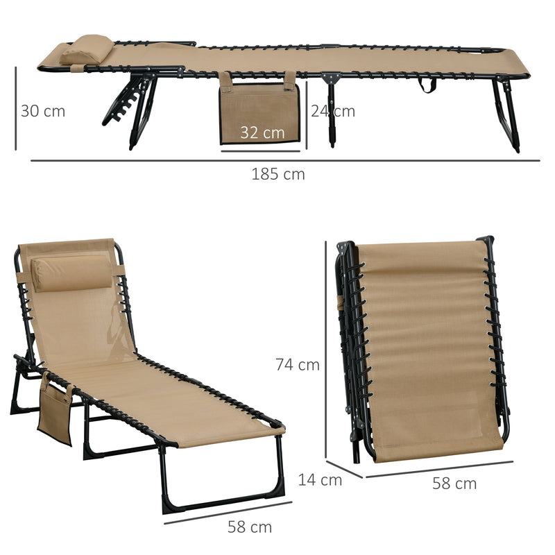Beige Folding Sun Lounger Set of 2 with Adjustable Backrest and Pillow for Garden or Beach