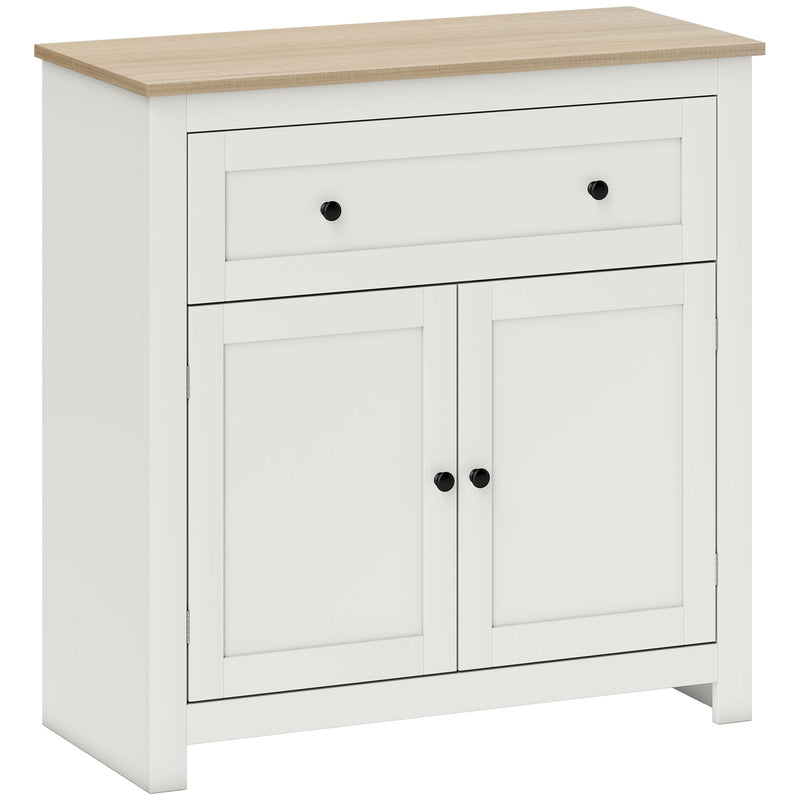 Modern White Wooden Kitchen Sideboard With Oak Top Large Drawer Double Doors and Adjustable Shelf