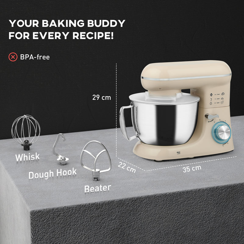 1300W Kitchen Stand Mixer With Dough Hook Whisk and Beater Attachments, Beige
