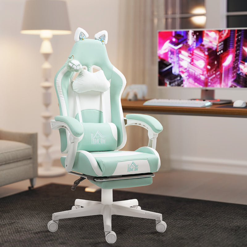Reclining Office Chair with Cat Ear Design and Footrest for Home or Study Light Blue White