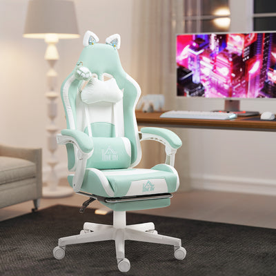 Reclining Office Chair with Cat Ear Design and Footrest for Home or Study Light Blue White Homcom