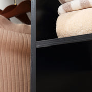 Black Double Open Wardrobe With 6 Wheels And Shelves For Mobile Bedroom Storage