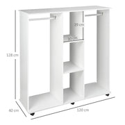 White Double Open Wardrobe With Shelves And 6 Wheels For Mobile Bedroom Storage