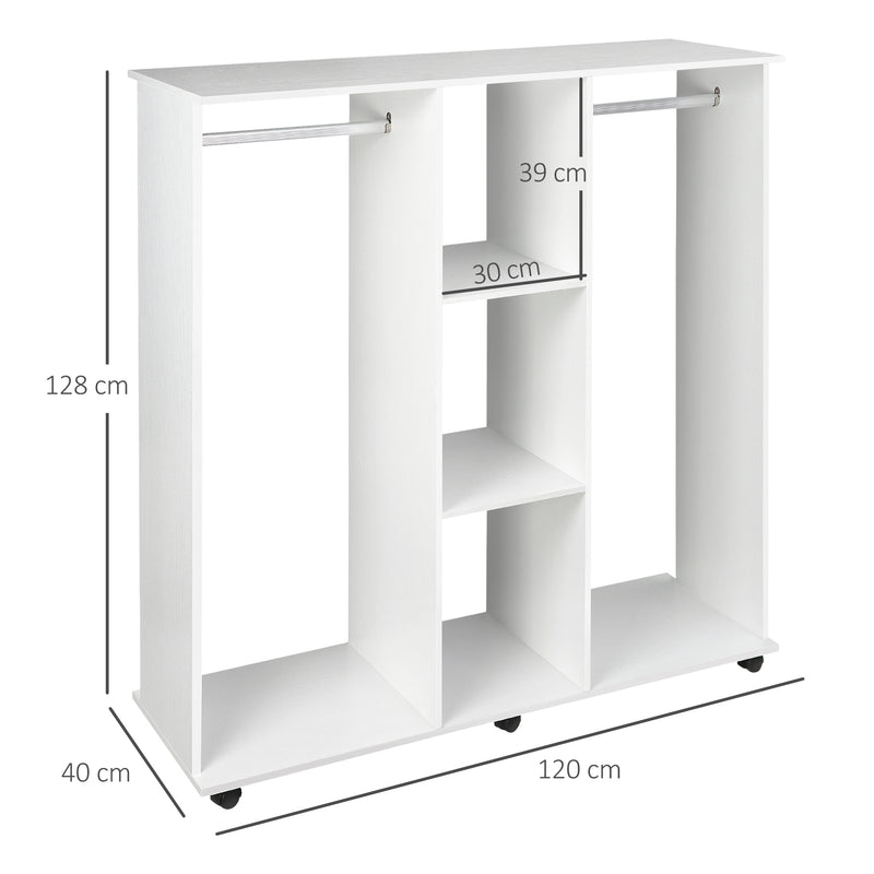 White Double Open Wardrobe With Shelves And 6 Wheels For Mobile Bedroom Storage