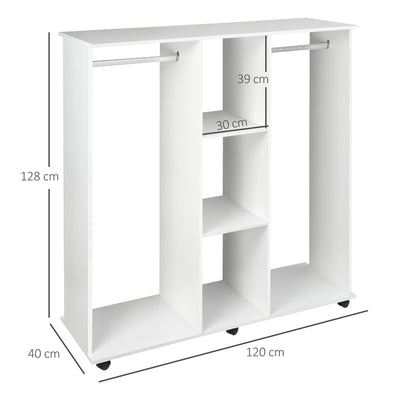 White Double Open Wardrobe With Shelves And 6 Wheels For Mobile Bedroom Storage