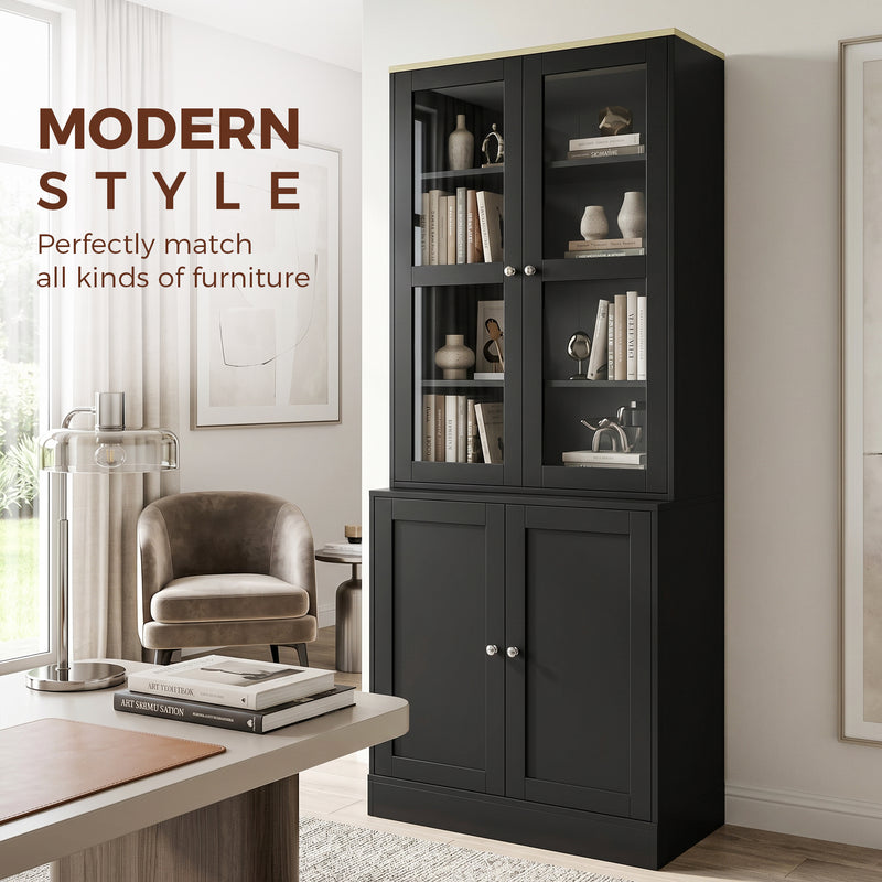 Tall Display Cabinet with Glass Doors and Hidden Storage for Organised Living or Dining Room Black