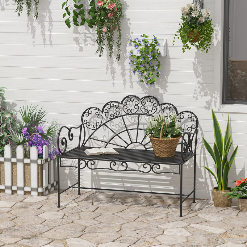 Outsunny Metal Garden Bench Loveseat with Slatted Seat, Black AOSOM