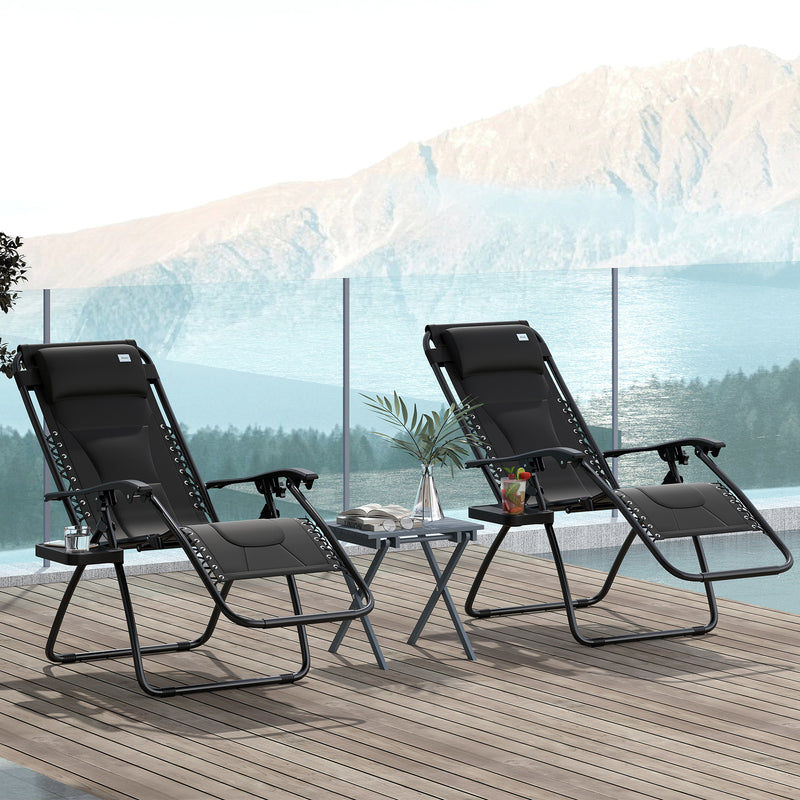 Set of 2 Black Zero Gravity Outdoor Recliner Chairs with Cushion and Cup Holder by Outsunny