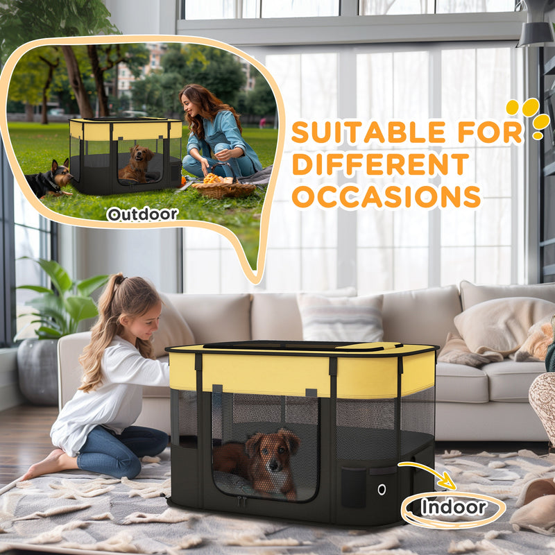 Foldable Dog Playpen with Storage Bag and Ground Stakes for Indoor and Outdoor Use, Yellow