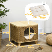 Elevated Wicker Cat House with Soft Washable Cushion Ideal for Indoor Use, Light Brown