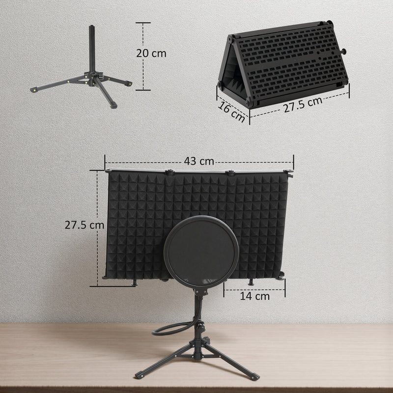 Foldable Studio Microphone Isolation Shield With Pop Filter And Tripod Stand Black AOSOM