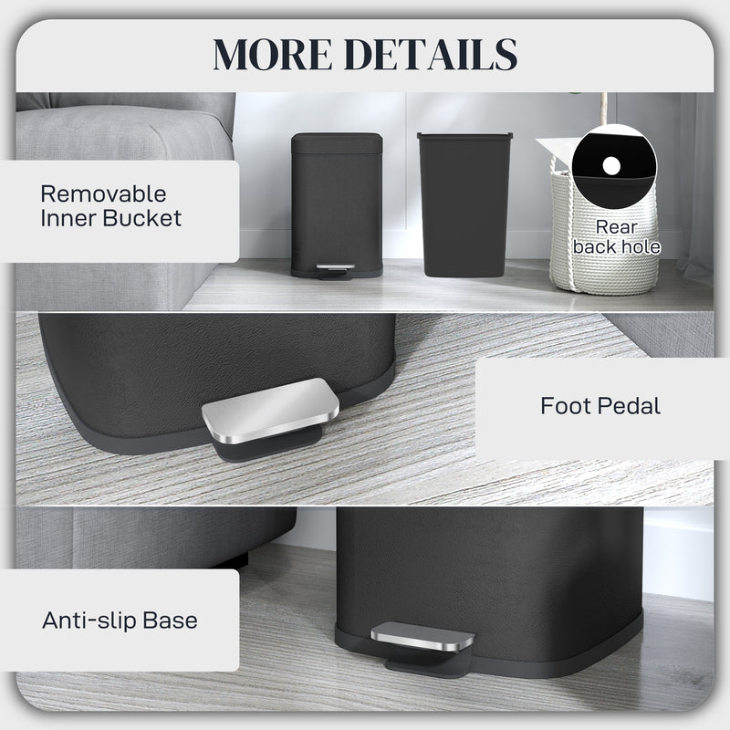Black 12L Metal Kitchen Bin with Modern Boxy Design by HOMCOM