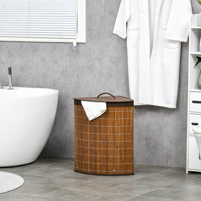 Brown Bamboo Laundry Basket With Lid 55L Removable Washable Lining Corner Hamper by HOMCOM