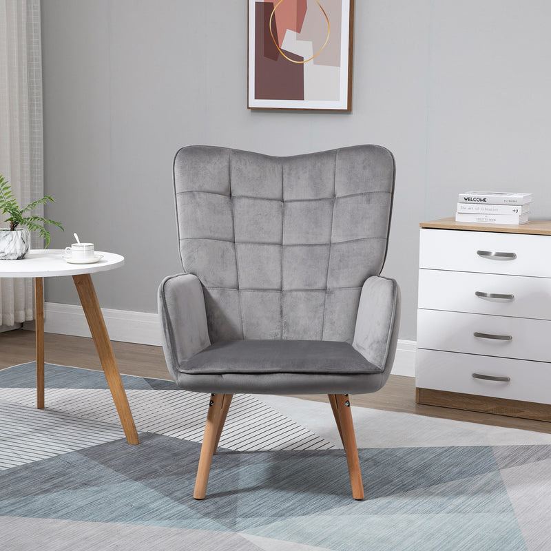 Grey Velvet Wingback Armchair with Tufted Upholstery for Lounge or Bedroom Comfort