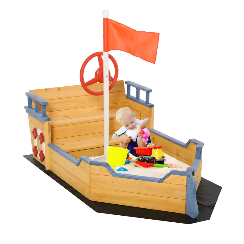 Wooden Pirate Ship Sandpit With Bench and Liner for Kids Outdoor Play, Brown
