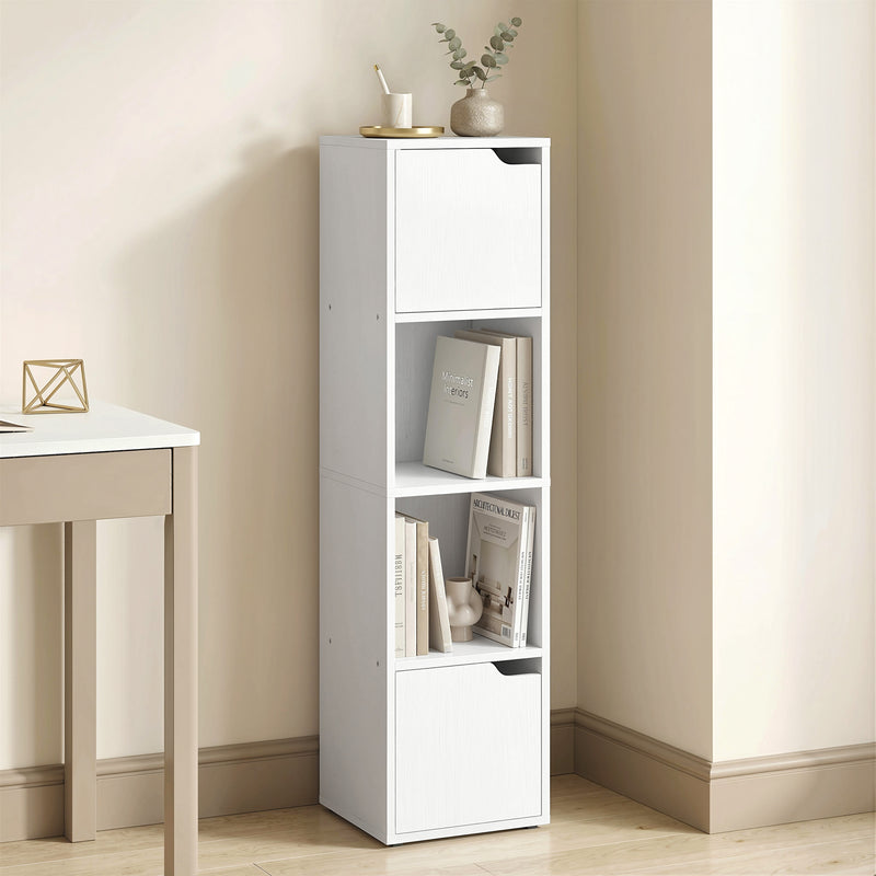 Slim Bookcase with Shelves and Cabinets for Small Spaces White